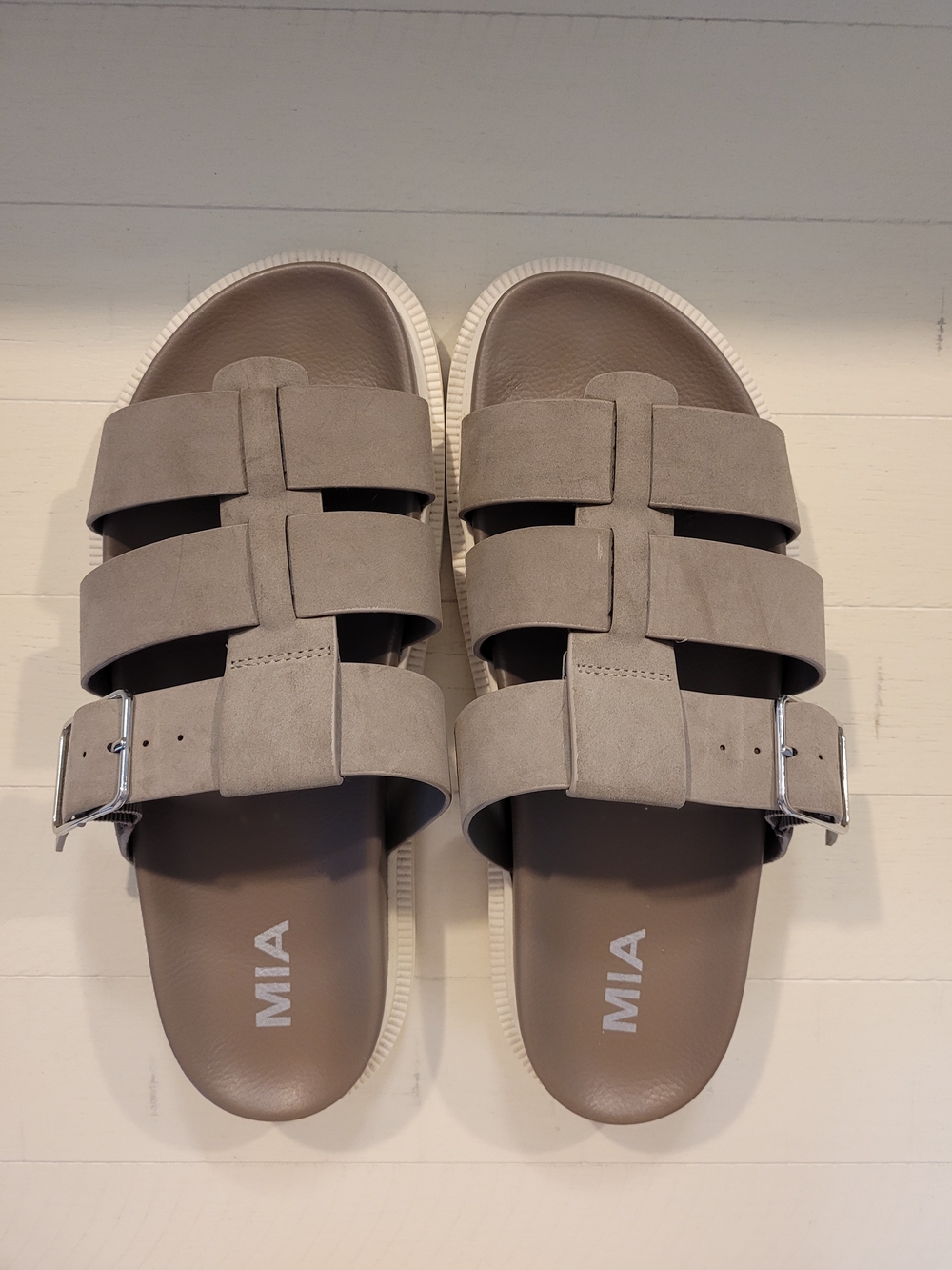 MIA Taupe Triple-Strap Buckle Slide Sandals